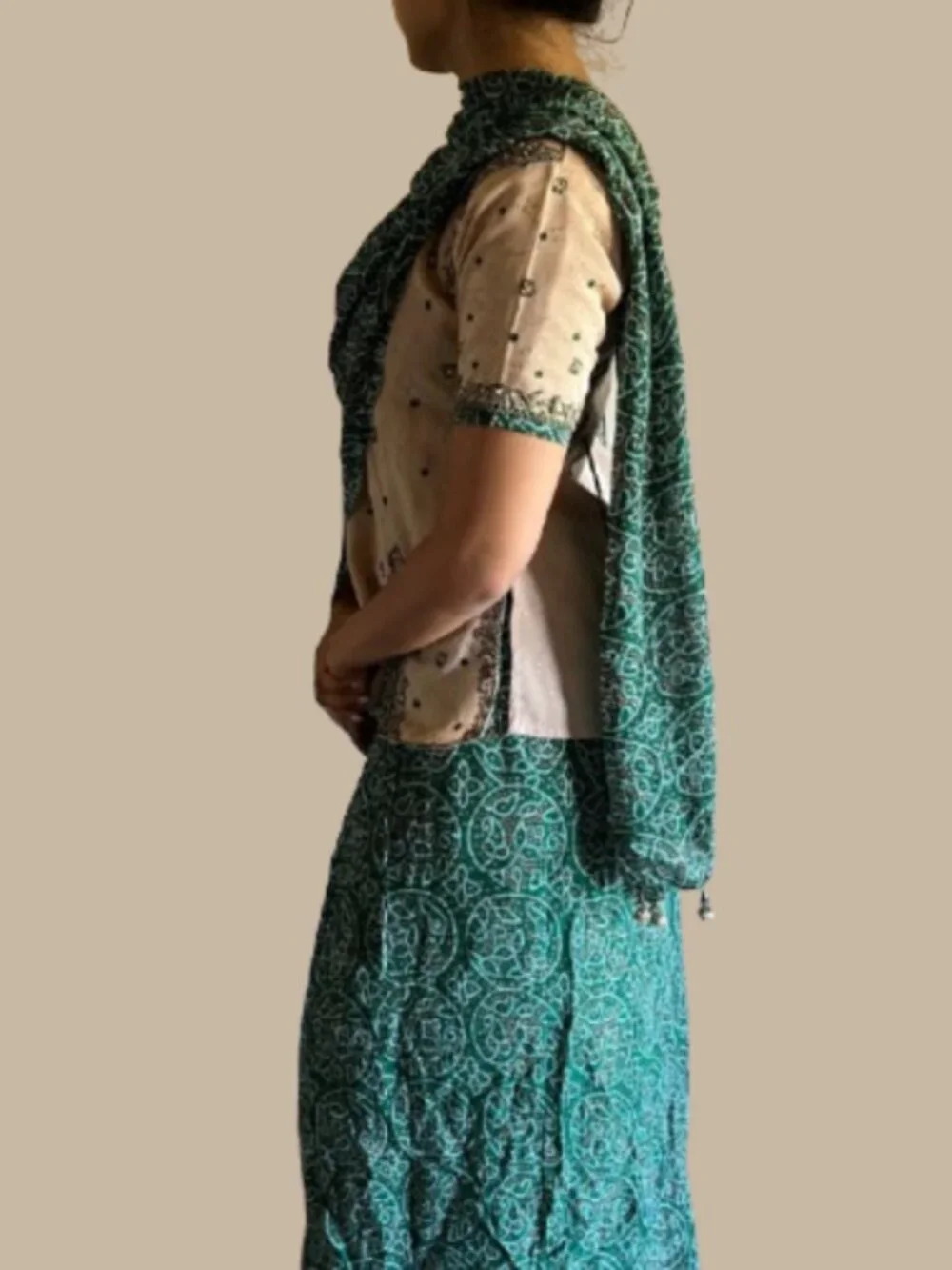Tan Green Bandhani Embroidered Lehenga corset style Indian Wedding mehndi choli